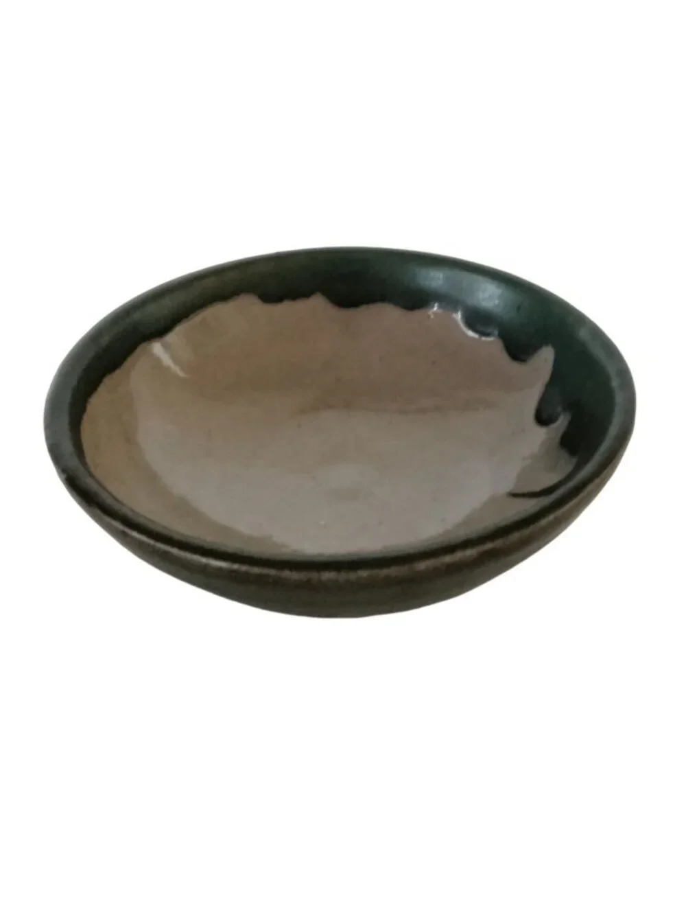 Studio Pottery Rice Bowl Heavy Green Gray Rustic Stoneware Primitive Drip Glaze
